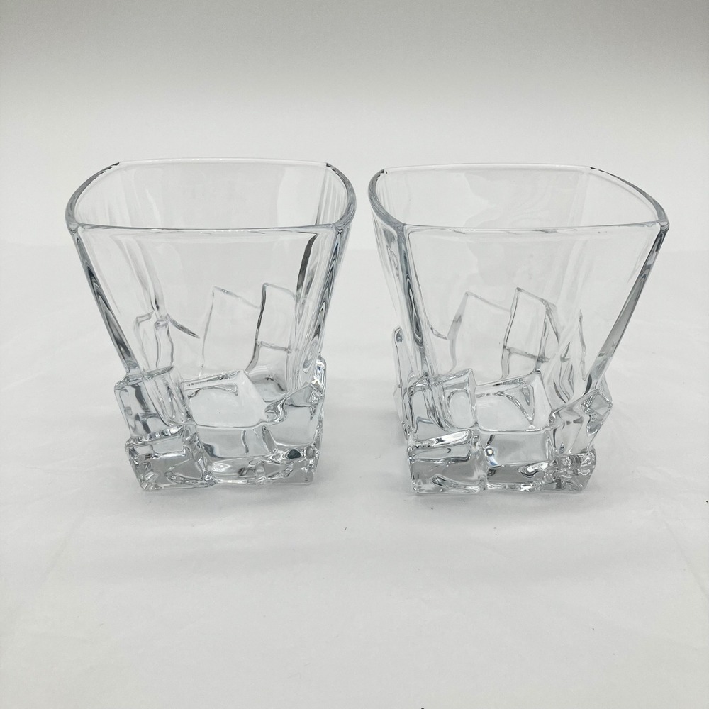 Whiskey Rocks Glasses Set of 2 Clear Ice Cube Sculpted Base Square